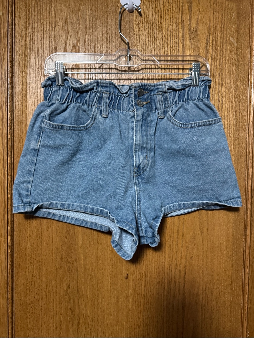 Forever 21 Light Blue High-Waist Paperbag Denim Shorts